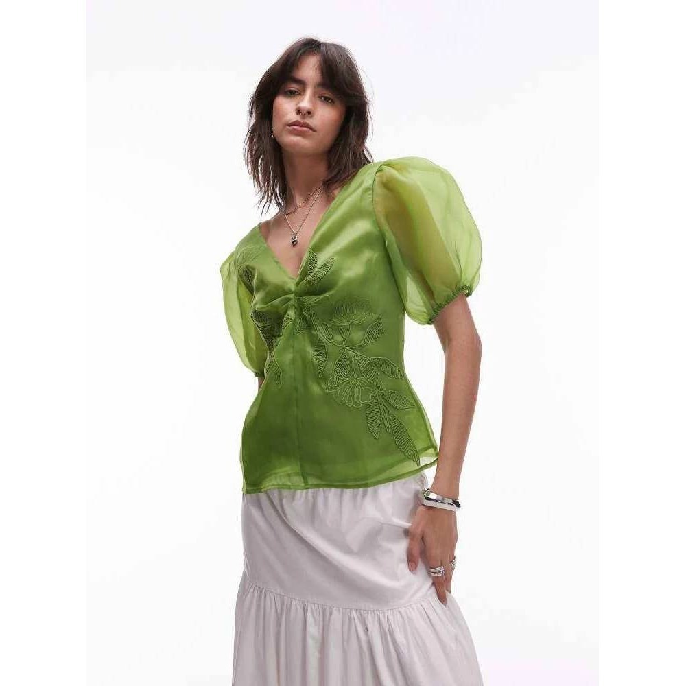 Topshop‎ Lime Green Embroidered Organza Puff Sleeve V-Neck Blouse US 2 NEW